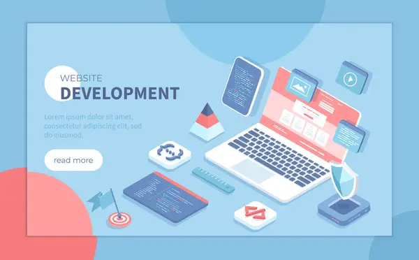 Web sitesi Geliştirme Programlama Kodlaması. Tasarım, kullanıcı deneyimi UX, kullanıcı arayüzü UI. Web sitesi tasarım unsurları, fotoğraf, video, program kodu, site kablosu. Pankart için Isometric vektör illüstrasyonu