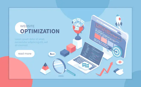 Web sitesi optimizasyonu, Arama Motoru optimizasyonu, SEO stratejisi. Web analizi, yönetim ve pazarlama. Anahtar sözcük, muhabir, bağlantı binası. Pankart, web sitesi için Isometric vektör illüstrasyonu.