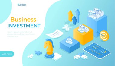 İş Yatırım Pazarlama Analizi Mevduatı. Yatırım planı ve stratejisi. Para tasarrufu konsepti. Karlı büyüme adımları. Web sitesi için Isometric vektör illüstrasyonu.