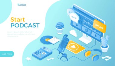 Çevrimiçi podcast, Blog veya Radyo Show. Bir ses yayını kaydet. Podcasting ekipmanları ve APP. Stüdyo mikrofonu, kulaklıklar, mikser. Web sitesi için Isometric vektör illüstrasyonu.