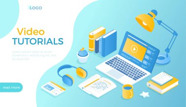 Online video dersleri servisi. Uzaktan eğitim E-öğrenme. Çevrimiçi kurslar, dersler, web siteleri. İnternet eğitimi, eğitim. Bilgisayarda video var. Web sitesi için Isometric vektör illüstrasyonu.