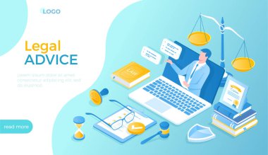 Yasal Danışmanlık ve Yardım. Çevrimiçi servis. Profesyonel bir avukat dizüstü bilgisayarla danışmanlık yapar. Hukuk ve adalet kavramı. Web sitesi için Isometric vektör illüstrasyonu.