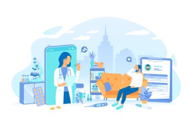 Akıllı telefondaki uzaktan uygulama ile sanal muayene ve tanı hastası. Çevrimiçi doktor danışmanlığı. İlaç servisi, sağlık hizmetleri başvurusu. Vektör illüstrasyonu düz biçimi.