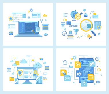 Web Geliştirme Programlama Kodlaması için düz vektör çizimleri. Web arama teknolojisi, arama motoru, SEO. Bulut deposu, Bilgisayar. Mobil Uygulama Geliştirme. Web siteleri için kavram.