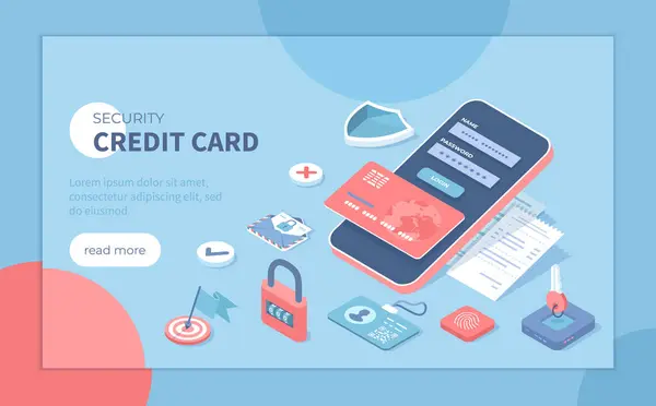 Kredi kartı güvenliği. Kişisel bilgilerin korunması. Para koruması, online bankacılık, ödeme koruması. Kalkan koruması, parmak izi, şifre, giriş. Web pankartı için Isometric vektör illüstrasyonu