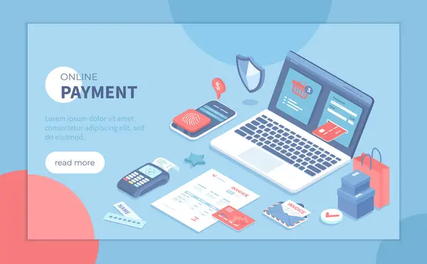 Çevrimiçi ödeme. Fatura ödeme, fatura, online alışveriş, e-ticaret pazarı. Kart işlemlerini yeniden düzenlemek, dizüstü bilgisayarla para transferi. Pankart, web sitesi için Isometric vektör illüstrasyonu.