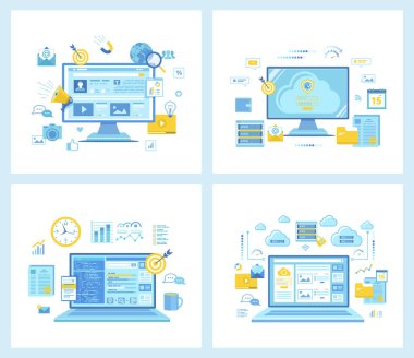 Sosyal medya içerik stratejisi, pazarlama. Cloud Security, Cloud Computing, Data Protecting. Seo Yönetimi. Bir dizi düz vektör çizimleri. Web siteleri için kavram.