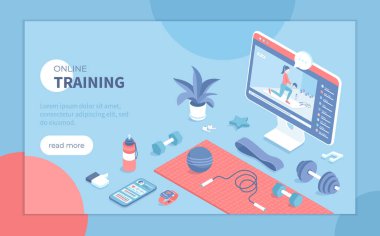 Çevrimiçi eğitim, fitness, spor, evde egzersiz, video egzersizleri. Ev yapımı spor aletleri. Takip sonuçları için mobil uygulama. Pankart, web sitesi için Isometric vektör illüstrasyonu.