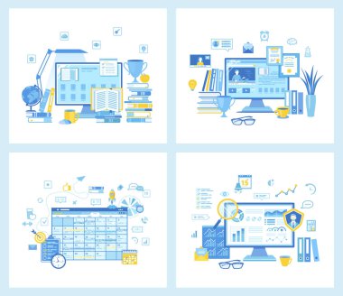 Çevrimiçi Eğitim Kütüphanesi E-Öğrenim Eğitimi için düz vektör çizimleri. Planlama programı, denetleme, analiz, muhasebe, hesaplama, analitik. Web siteleri için kavram.