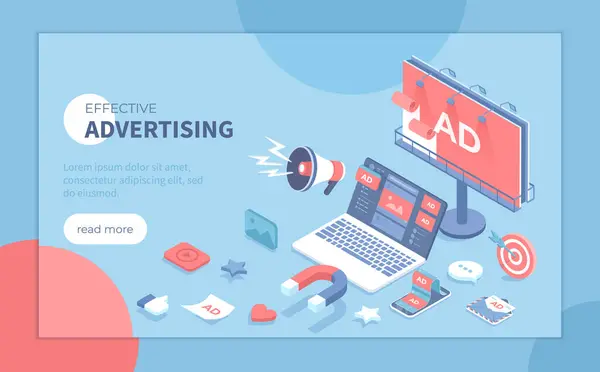Etkili reklam kampanyası. Açık hava reklamları, internet reklamları, doğrudan pazarlama kullanılarak ürün ve hizmetlerin tanıtımı. Sosyal ağlardaki fotoğraf videoları, spam, reklam panoları. İzometrik vektör