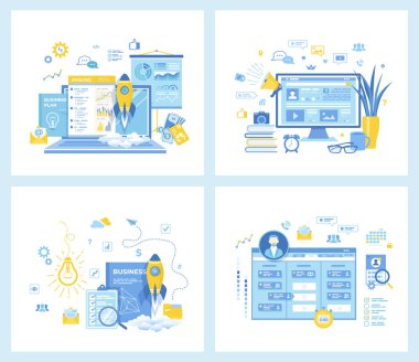 Project Startup, Finansal Planlama, Fikir, Strateji, Yönetim, Gerçekleştirme, Başarı için düz vektör çizimleri. Blog İçeriği Stratejisi. Web siteleri için kavram.