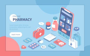 İnternetteki eczane, eczane. Sağlık hizmeti, tıbbi bakım uygulaması. Sağlık sigortası, doktor reçetesi, eczanede ilaçlar. Pankart, web sitesi için Isometric vektör illüstrasyonu.
