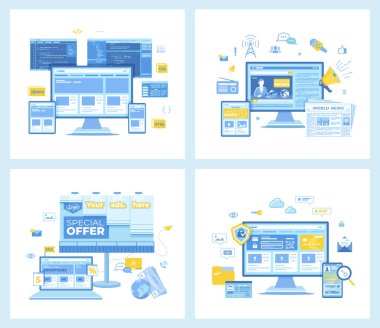 Arka Uç Geliştirme için düz vektör çizimleri, İnternet Güvenliği. Çevrimiçi ve Çevrimiçi Reklamcılık, Son Dakika Haberleri. Web siteleri için kavram.
