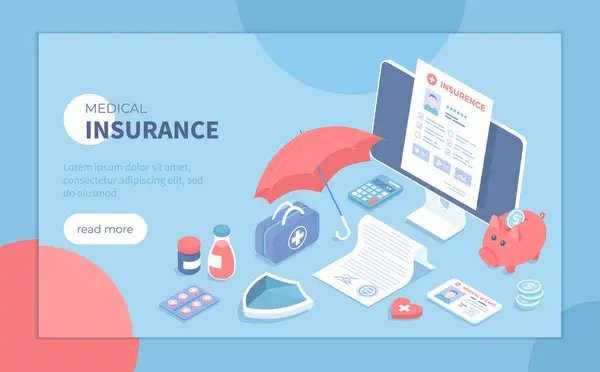 Sağlık sigortası. Kontrat belgesi, poliçe, tıbbi form doldurma. Hayat sigortası, sağlığın korunması, sağlık planı. Pankart, web sitesi için Isometric vektör illüstrasyonu.
