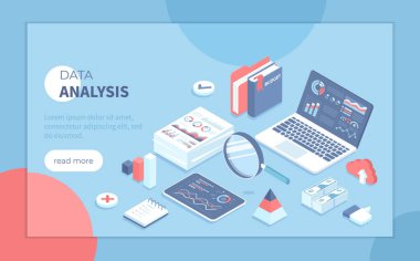 Denetleme, iş analizi konsepti. Analitik veriler. Ekonomik belgelerde mali strateji, grafikler ve çizelgeler. Pankart, web sitesi için Isometric vektör illüstrasyonu.