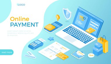 Çevrimiçi ödeme. Fatura, fatura. Kart işlemlerini yeniden düzenlemek, dizüstü bilgisayarla para transferi. İnternetten alışveriş, e-ticaret pazarı. Web sitesi için Isometric vektör illüstrasyonu.