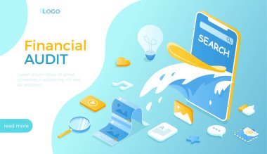 İnternet sörfü. Çevrimiçi arama. Web sohbeti, sosyal medya, çevrimiçi eğitim, kurye iletişimi, serbest çalışma, iş, haber. Web sitesi için Isometric vektör illüstrasyonu.