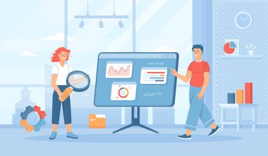 Veri Analizi ve Analiz. Analistler çizelgeler üzerindeki iş istatistiklerini araştırıyorlar. Pankart için iş süreci, web sitesi tasarımı, iniş web sayfası. İnsan karakterli düz çizgi film vektör çizimi.