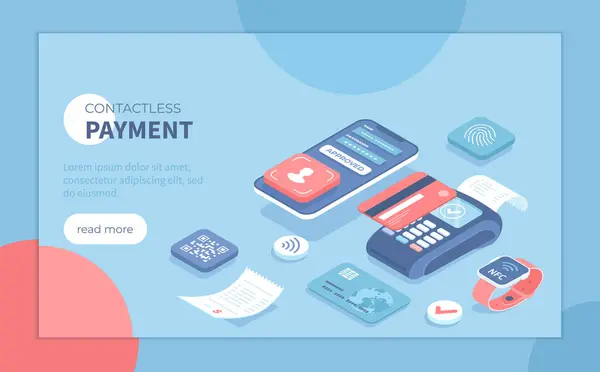 Temassız ödeme teknolojisi, NFC. Cep telefonu ödemesi. POS terminali, akıllı telefon, kredi kartı, akıllı izleme, QR kodu. Pankart, web sitesi için Isometric vektör illüstrasyonu.