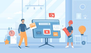 İçerik oluşturma. Metin yazma ve düzenleme, fotoğraflar ve videolar yükleme. İçerik pazarlaması. İnternet ve uygulama geliştirme. Kullanıcı arayüzü oluşturan insanlar. İnsanlarla düz çizgi film vektör çizimi