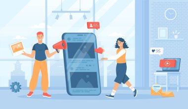 Sosyal medya stratejisi, internet reklamcılığı. Sosyal ağlarda ürün ve hizmetlerin tanıtımı. Yeni müşteriler, takipçiler, beğeniler. İnsan karakterli düz çizgi film vektör çizimi.