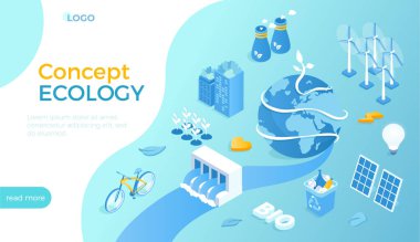 Ekoloji, Eko Gezegen, Yeşil Şehir. Biyolojik teknoloji fikirleri. Güneş panelleri, rüzgar türbinleri, hidroelektrik santrali, geri dönüşüm, enerji tasarrufu. Web sitesi için Isometric vektör illüstrasyonu.