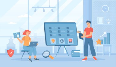 Kalite Güvence Kalite Kontrol, En İyi Standart, Ürün Memnuniyeti. Hatalar ya da hatalar için denetim. Yazılım testi. Web pankartı için insan karakterleriyle düz çizgi film vektör illüstrasyonu