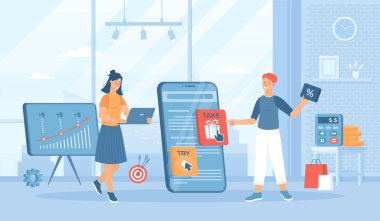 Zengin Medya Reklamları. Dijital reklam. Telefon ekranında etkileşimli animasyon, aktif açılır kapanır pankart. Pankart, web sitesi veya iniş sayfası için insan karakterleriyle düz çizgi film vektör çizimi.