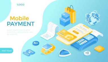 PayPass, NFC ödemeleri. QR kodu taranıyor. Cep telefonu ödemesi yok. POS terminali, telefon ve akıllı saat. Web sitesi için Isometric vektör illüstrasyonu.