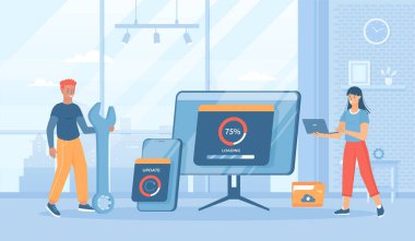 Sistem Güncellemesi. İşlem sistemini, yazılımı, programları, uygulamaları güncelleyen programcılar. Veri eşzamanlama süreci. Pankart, web sitesi tasarımı için insan karakterleriyle düz çizgi film vektör çizimi