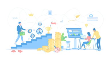 İş büyümesi, finansal başarı. Adam zafere giden merdivenlerde yürüyor, insanlar ofiste çalışıyor. Planlama, Yatırım, Takım Çalışması, Gelişme. Vektör illüstrasyonu düz biçimi.