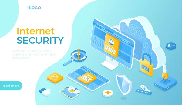 İnternet güvenliği. Güvenlik ve gizli veri koruması. Veri koruma kavramı. Güvenli internet teknolojileri. Web sitesi için Isometric vektör illüstrasyonu.