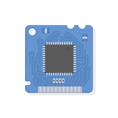 Mavi Elektronik Mikro devre. Mikroişlemci ve bilgisayar çipi simgesi. Bilgisayar bileşeni merkezi işlem birimi CPU. Vektör illüstrasyonu, düz biçim.