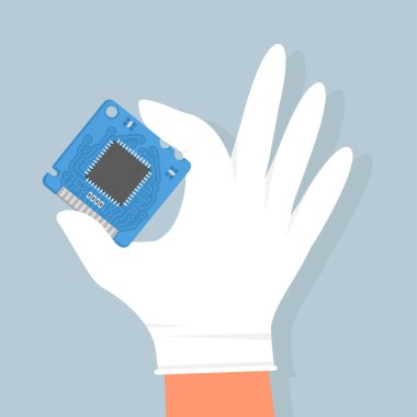 Blue Electronic Microcircuit in hand. The microprocessor and computer chip icon. Computer component central processing unit CPU. Service center. Vector illustration, flat style. clipart