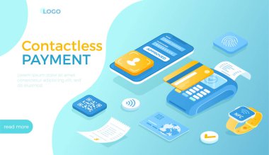 NFC 'nin patavatsız ödeme teknolojisi. Cep telefonu ödemesi. POS terminali, akıllı telefon, kredi kartı, akıllı izleme, QR kod taraması. Web sitesi için Isometric vektör illüstrasyonu.
