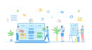 Proje Yönetimi, Şirket Yönetimi Uygulama Servisi, Takım Kontrolü, Menajerlik. İş ekibi projeler üzerinde çalışıyor. Vektör illüstrasyonu düz biçimi.