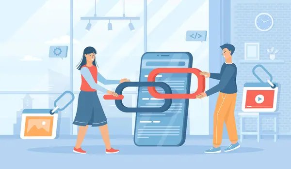 Web sitesi sayfaları arasında bağlantı oluşturma. Arama motoru optimizasyon konsepti, SEO. Bowser penceresinde zincir tutan insanlar. Düz çizgi film vektör illüstrasyonu, insanların pankart, web sitesi için karakterleri