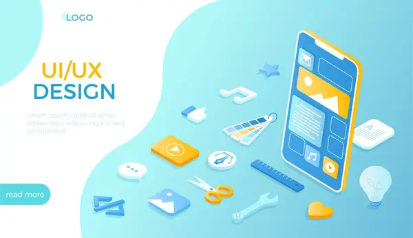 Kullanıcı Arayüzü ve Kullanıcı Deneyimi UI UX tasarımı. Arayüz inşaatı. Mobil uygulama, program geliştirme. Web sitesi için Isometric vektör illüstrasyonu.