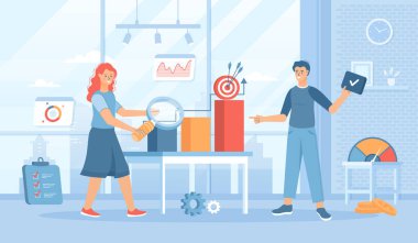 Karşılaştırma. Lider bir rakip şirketin analizi. İş geliştirme ve iyileştirme. Pankart, web tasarımı veya iniş web sayfası için insan karakterleri ile düz çizgi film vektör çizimi.