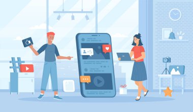 Blog yazıyorum. Fotoğrafların, videoların, metin materyallerinin düzenli yayınlanması. Günlük içeriği gönderimi. Düz konsept sosyal medya promosyon materyali için harika. Beyaz arkaplanda web sitesi afişi.