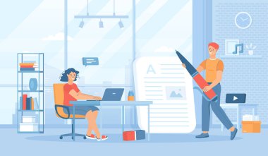 Kopya yazarlığı. Web sayfaları, reklamlar, promosyonlar, değerli içerikler yazmak. Etkili çevrimiçi pazarlama. Pankart, web sitesi tasarımı veya iniş sayfası için insan karakterleriyle düz çizgi film vektör illüstrasyonu