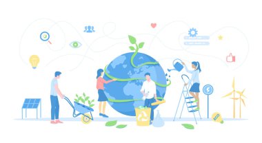 Ekoloji, Green Eco City gezegeni, çevre dostu fikirler. Biyolojik teknoloji. İnsanlar gezegen ekolojisi ile ilgileniyor. Sulama, çöp toplama, ekme. Vektör illüstrasyonu düz biçimi.