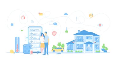 Merkezi Kontrol Sistemi ile Akıllı Ev. Ev otomasyonu konsepti, mobil uygulama. Çift güvenlik göstergeleri, termostat, telefon aracılığıyla evdeki aydınlatma. Vektör illüstrasyonu