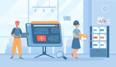 Ağ kazıma. Web sayfalarından veri toplama teknolojisi. İçerik ve verilerin farklı biçimlerde web sitelerinden çıkarılması. Banner web sitesi için insan karakterleriyle düz çizgi film vektör çizimi