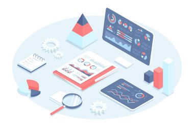 İş analizleri, veri analizleri, mali raporlar. Analiz çizelgeleri, istatistikler, şirket büyümesi. 3 boyutlu tasarım içinde vektör illüstrasyonu. Isometric web pankartı.
