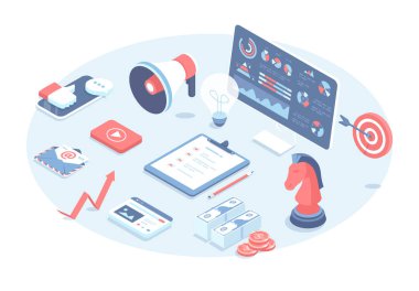 Pazarlama stratejisi. Şirket hedeflerine ulaşmak, iş başarısı. İş planlaması, organizasyon, analitik. 3 boyutlu tasarım içinde vektör illüstrasyonu. Isometric web pankartı.
