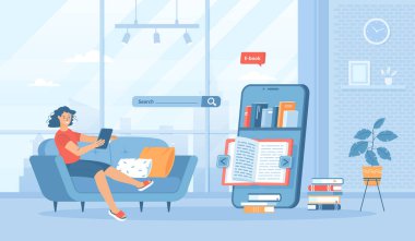 Çevrimiçi okuma. E-kitapları, kütüphanesi, eğitimi olan internet hizmeti. Kitaplık ve telefon ekranında açık kitap. Pankart, web sitesi, iniş web sayfası için insan karakterleriyle düz çizgi film vektör illüstrasyonu