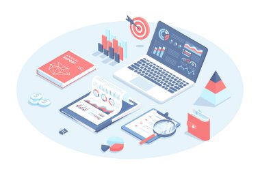Finansal araştırma ve rapor. Denetim sonuçları. Şirket belgesi, çizelgeler ve iş bilgileri. 3 boyutlu tasarım içinde vektör illüstrasyonu. Isometric web pankartı.