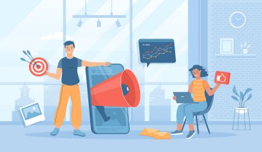 Mobil pazarlama. Promosyon, reklam, sosyal medya kampanyası, çekici müşteriler için dijital pazarlama. Pankart, web sitesi tasarımı veya iniş için insan karakterleriyle düz çizgi film vektör çizimi