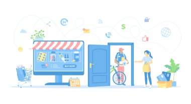 Çevrimiçi Eczane. Teslimatı yapan bir eczane. Sağlık hizmeti, tıbbi bakım uygulaması. Kadın büyük monitörden ilaç sipariş ediyor. Vektör illüstrasyonu düz biçimi.